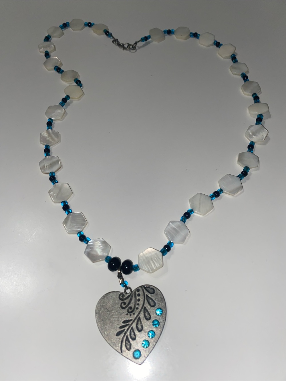 White and Blue Beaded Heart Pendant Necklace